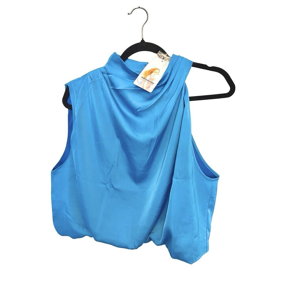 PrettyGarden XL Sleeveless Mock Neck Satin Blouse Blue Draped Bubble Hem NWT